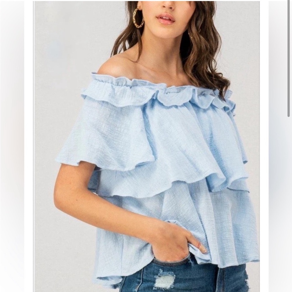 100% cotton Zara XS Light Blue Off-Shoulder Ruffle Blouse
